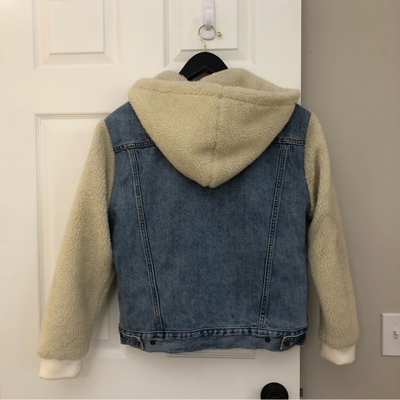 Levi's Premium Ex-Boyfriend Sherpa Hooded Trucker Jean Jacket Medium - Picture 8 of 16